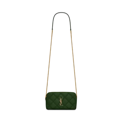 Saint Laurent Becky Double-Zip Pouch In Quilted Lambskin "Dark Green"