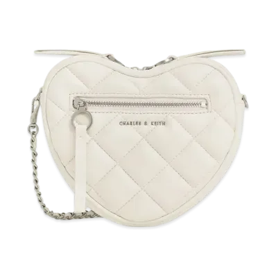 CHARLES & KEITH Philomena Quilted Heart Crossbody Bag "Cream"