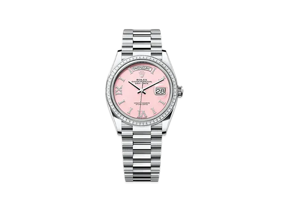 ROLEX Day-Date 36mm Platinum Diamond 128396TBR "Pink Opal"