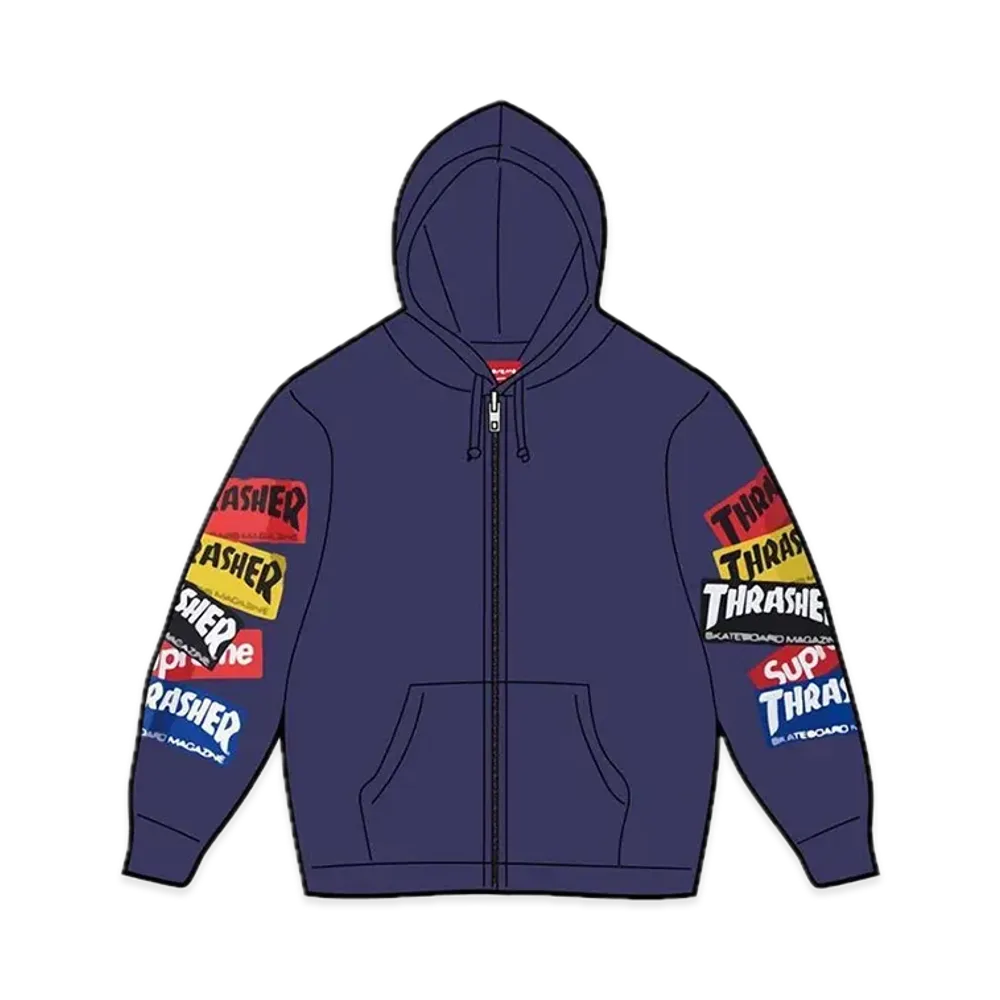 Supreme x THRASHER Multi Logo Zip Up Hooded Sweatshirt "Washed Navy"