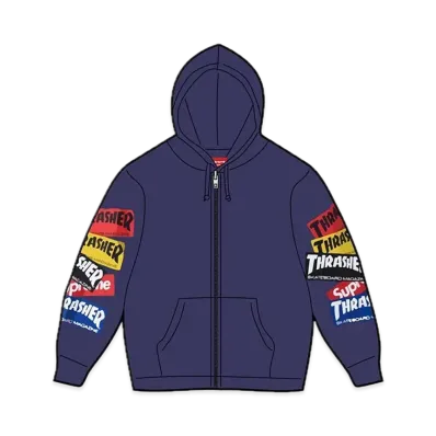 Supreme x THRASHER Multi Logo Zip Up Hooded Sweatshirt "Washed Navy"