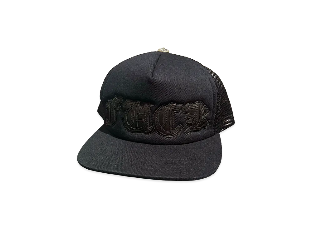  Chrome Hearts Fuck Leather Patch Trucker Cap (Scroll Label) "Black/Black"