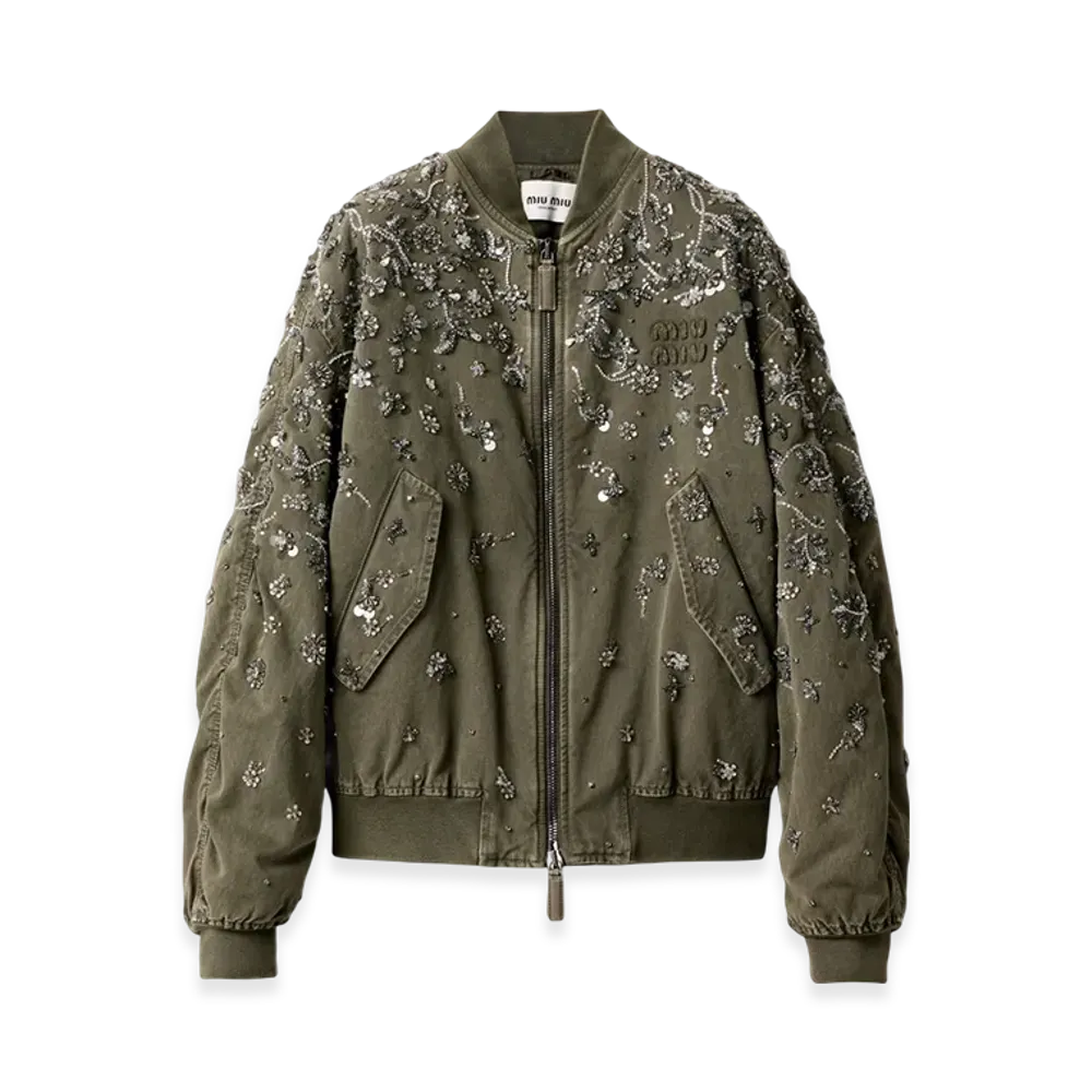 MIU MIU Women's Garment-Dyed Gabardine Bomber Jacket "Olive Green"