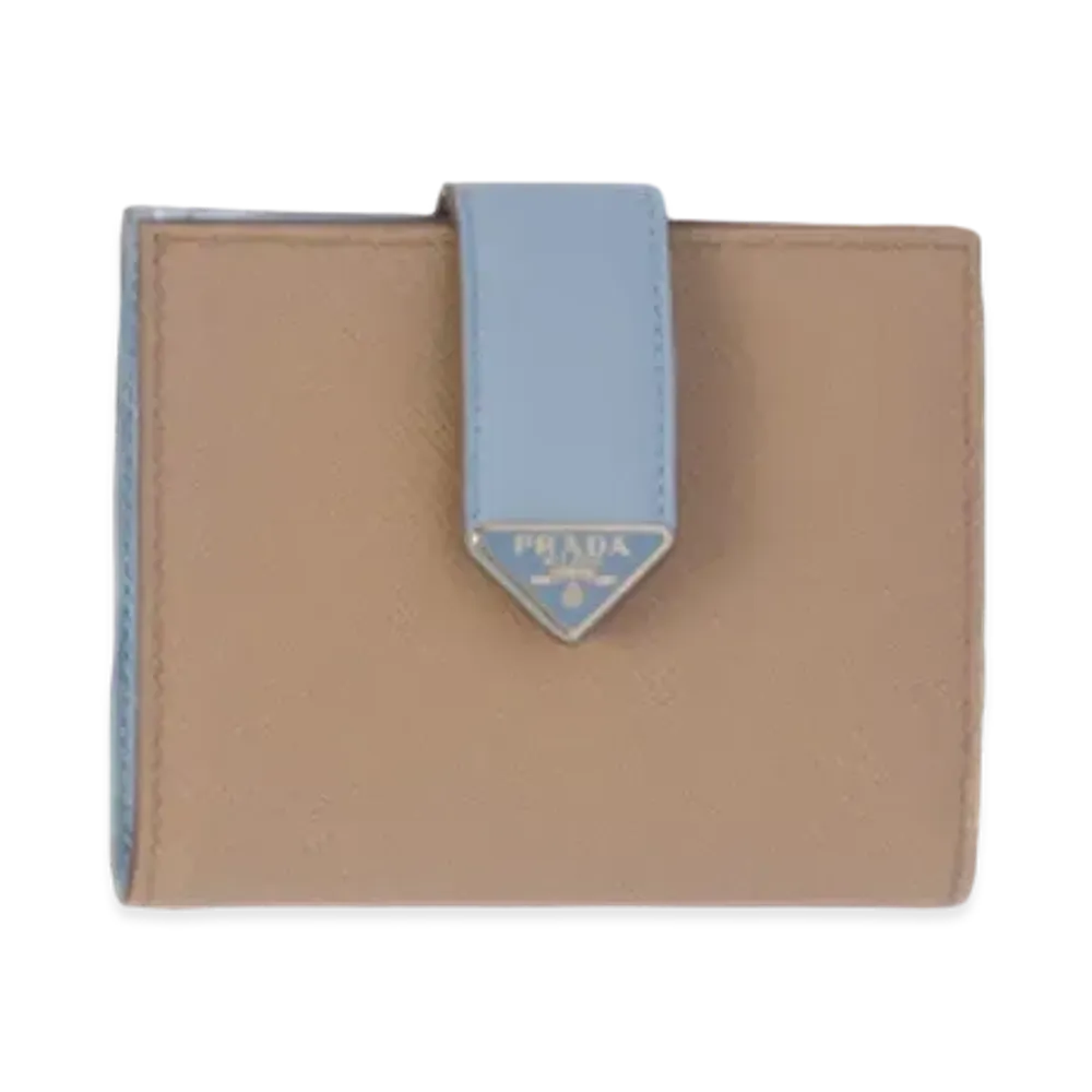 PRADA Small Saffiano And Smooth Leather Wallet "Sand/Light Blue"