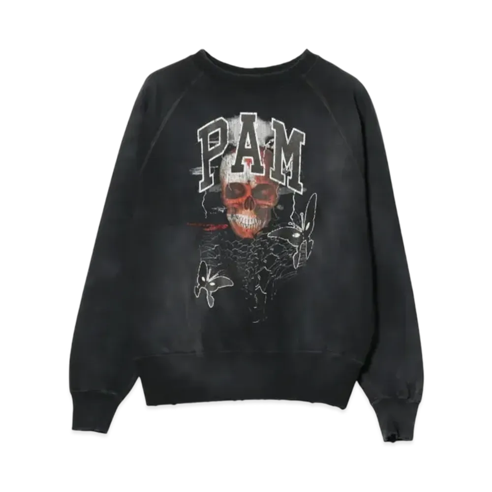 BEAMS x P.A.M. x CANNABIS Damege Flocky Print Crewneck Sweat "Black"