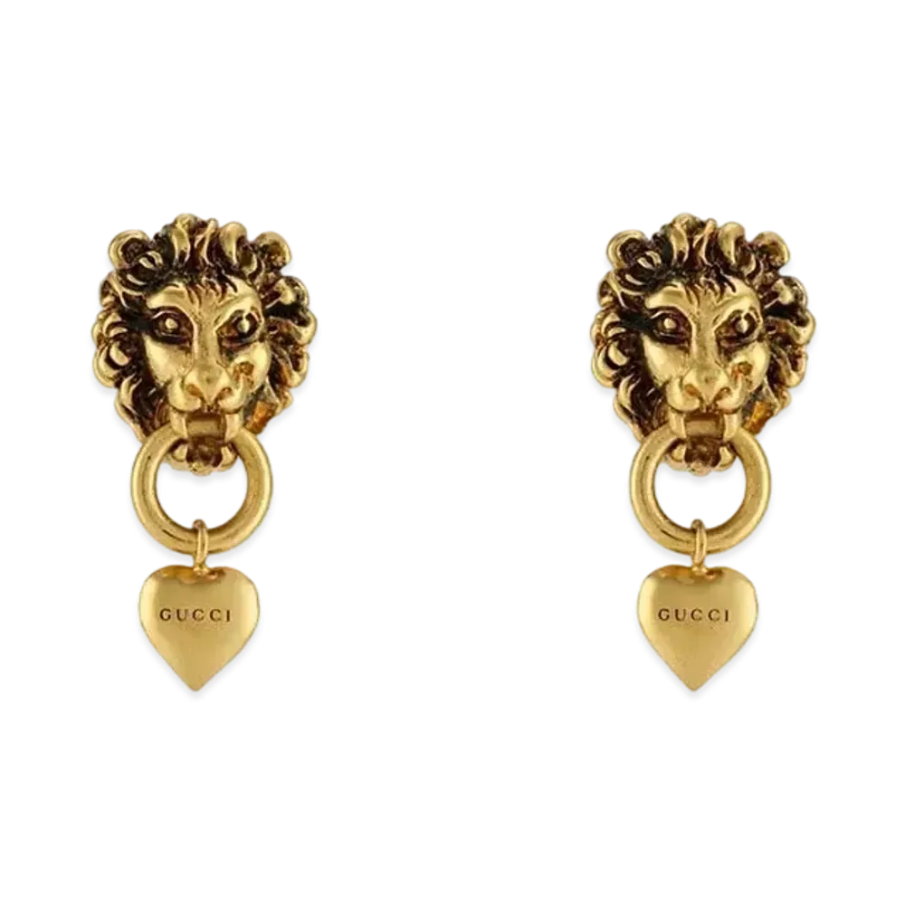 GUCCI Lion Head and Heart Earrings Distressed Tone Metal "Gold"