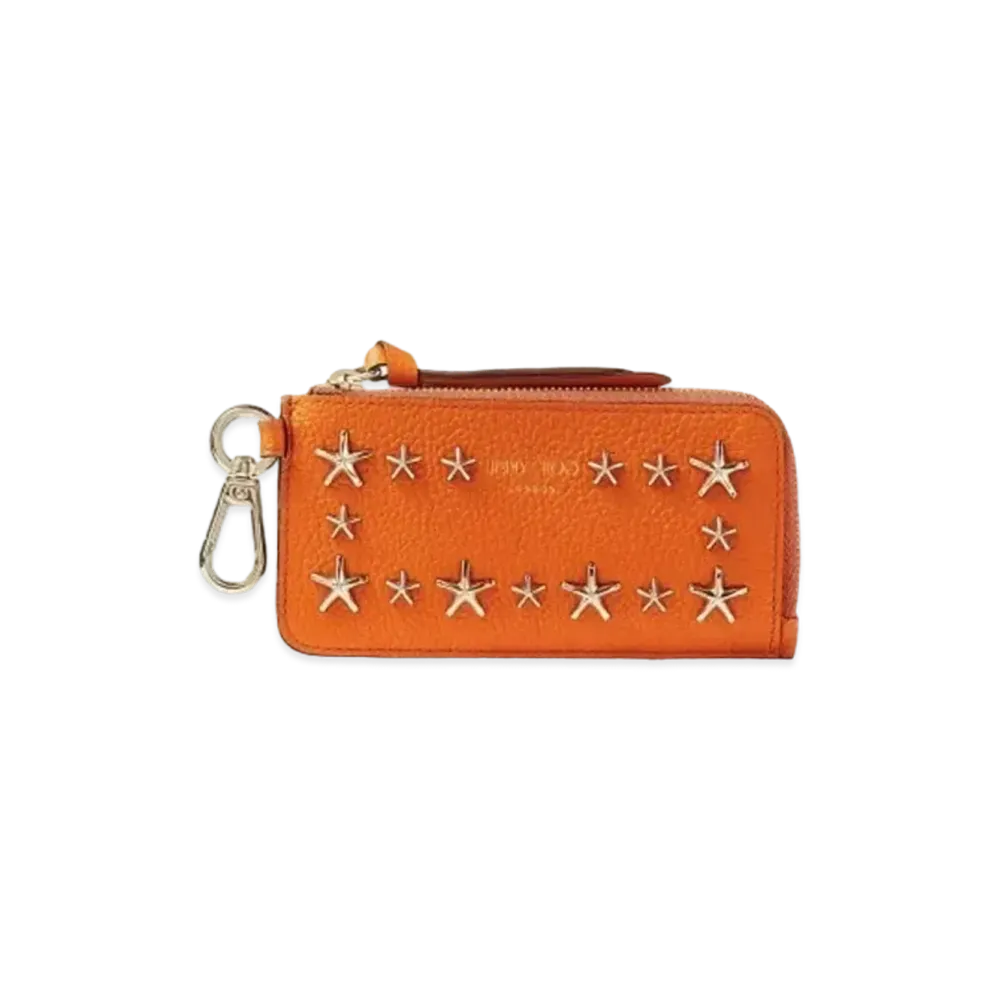 JIMMY CHOO LISE-Z Soft Grainy Calf Leather Card Case With Star Studs "Amber Orange"