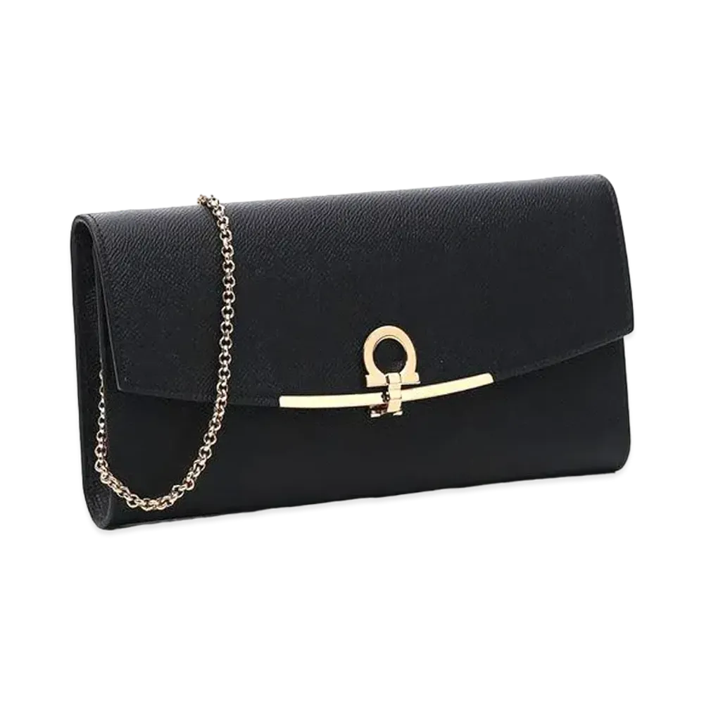 Salvatore Ferragamo Gancini Leather Chain Long Wallet "Black"