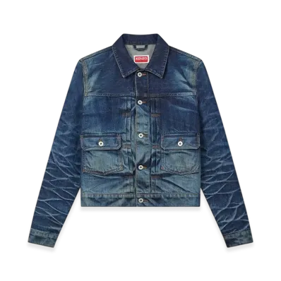 KENZO Slim Pleats Trucker Jacket Japanese Denim "Stone BL Dirty Blue Denim"