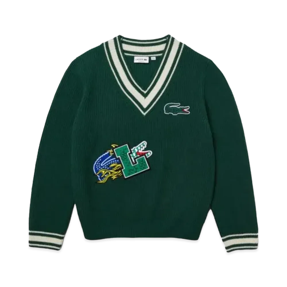 LACOSTE Comics Graphic Patch V-Neck Sweater "Green"