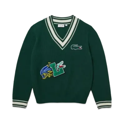 LACOSTE Comics Graphic Patch V-Neck Sweater "Green"