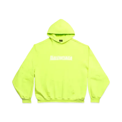 BALENCIAGA Women's Caps Destroyed Hoodie "Neon Yellow/White"