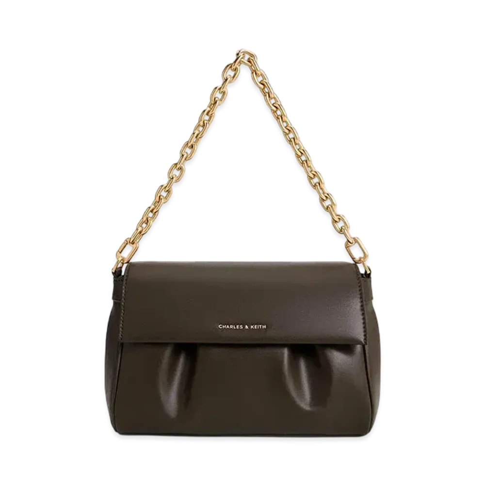 CHARLES & KEITH Carla Front-Flap Chain-Handle Bag "DarkMoss"