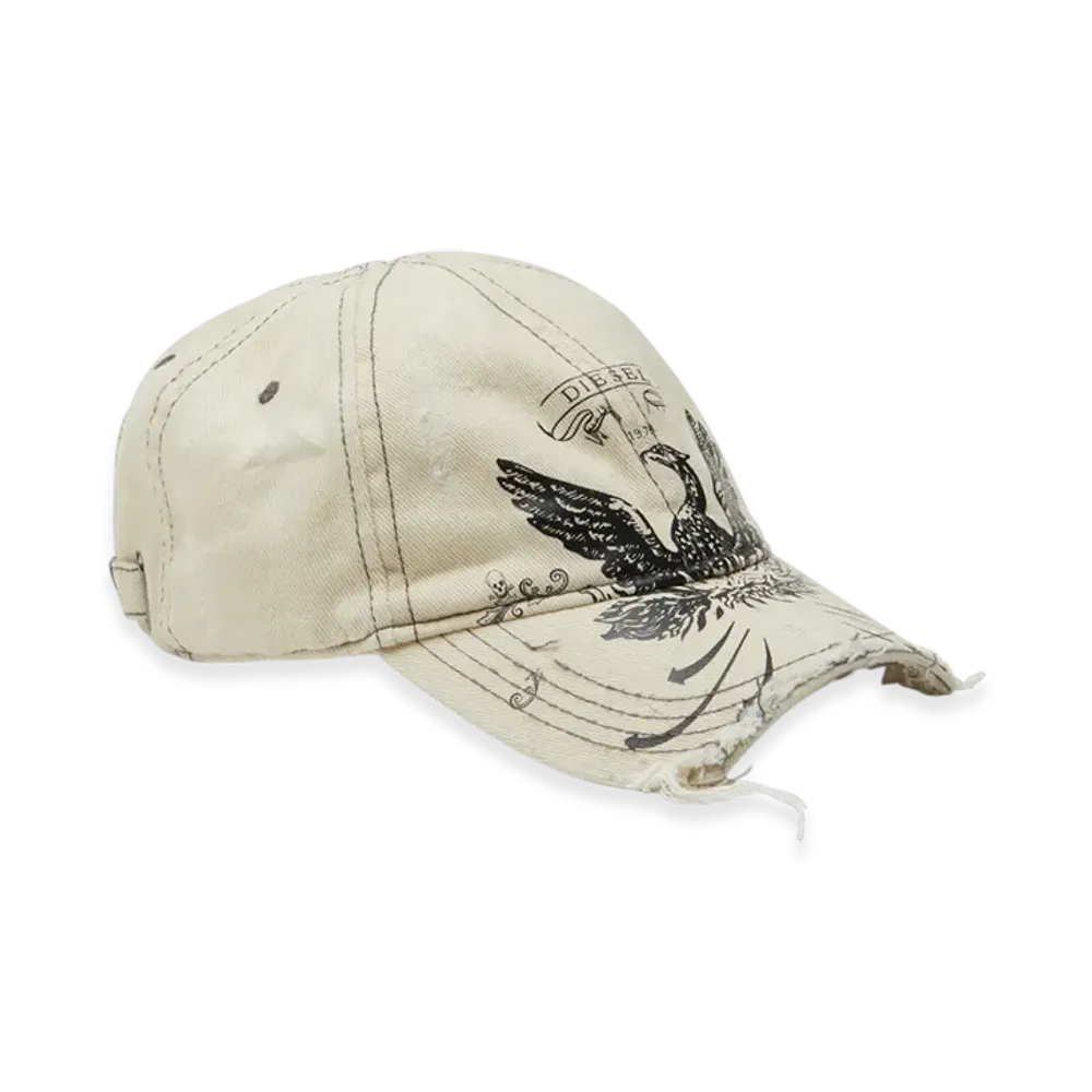 Diesel C-Fenix Distressed Baseball Cap With Phoenix Print "White"