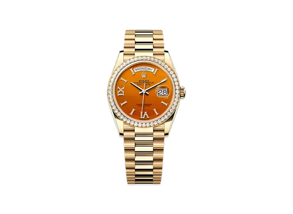 ROLEX Day-Date 36mm Yellow Gold Diamond 128348RBR "Carnelian"