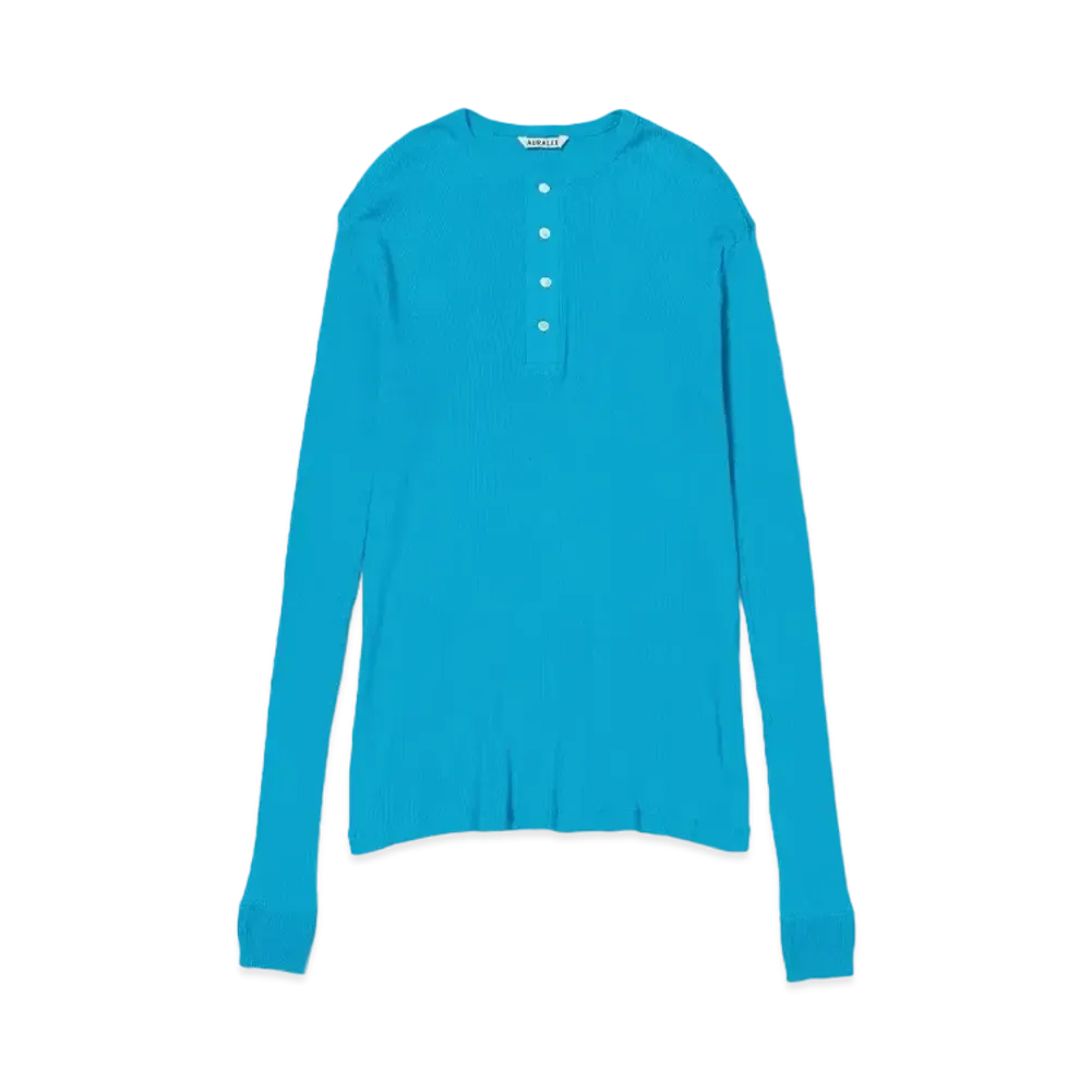 AURALEE Organic Soft Rib Henley Neck L/S Tee "Turquoise Blue"