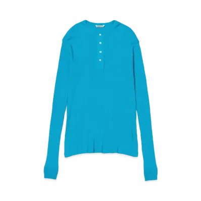 AURALEE Organic Soft Rib Henley Neck L/S Tee "Turquoise Blue"