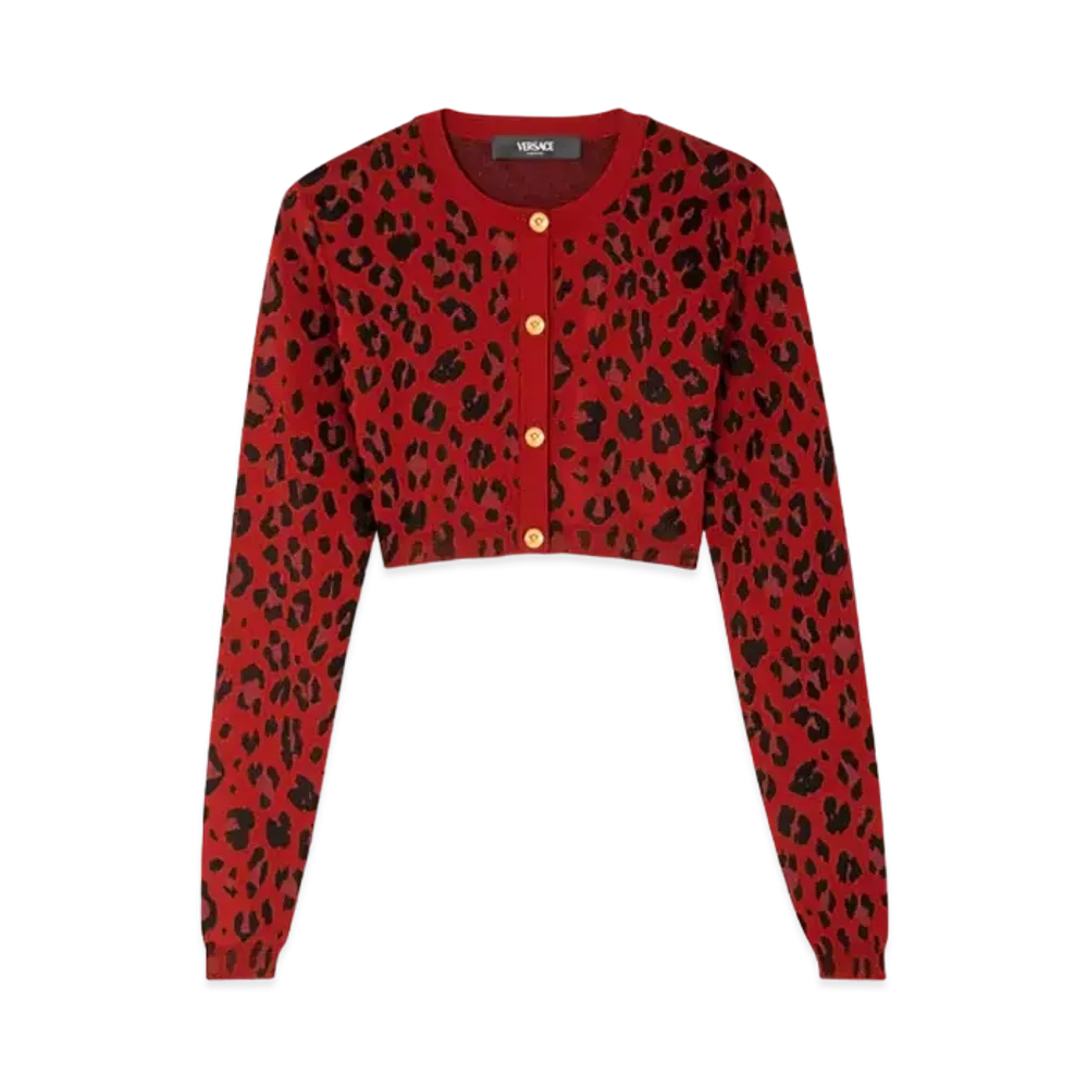 Versace Leopard Lurex Crop Knit Cardigan "Red"