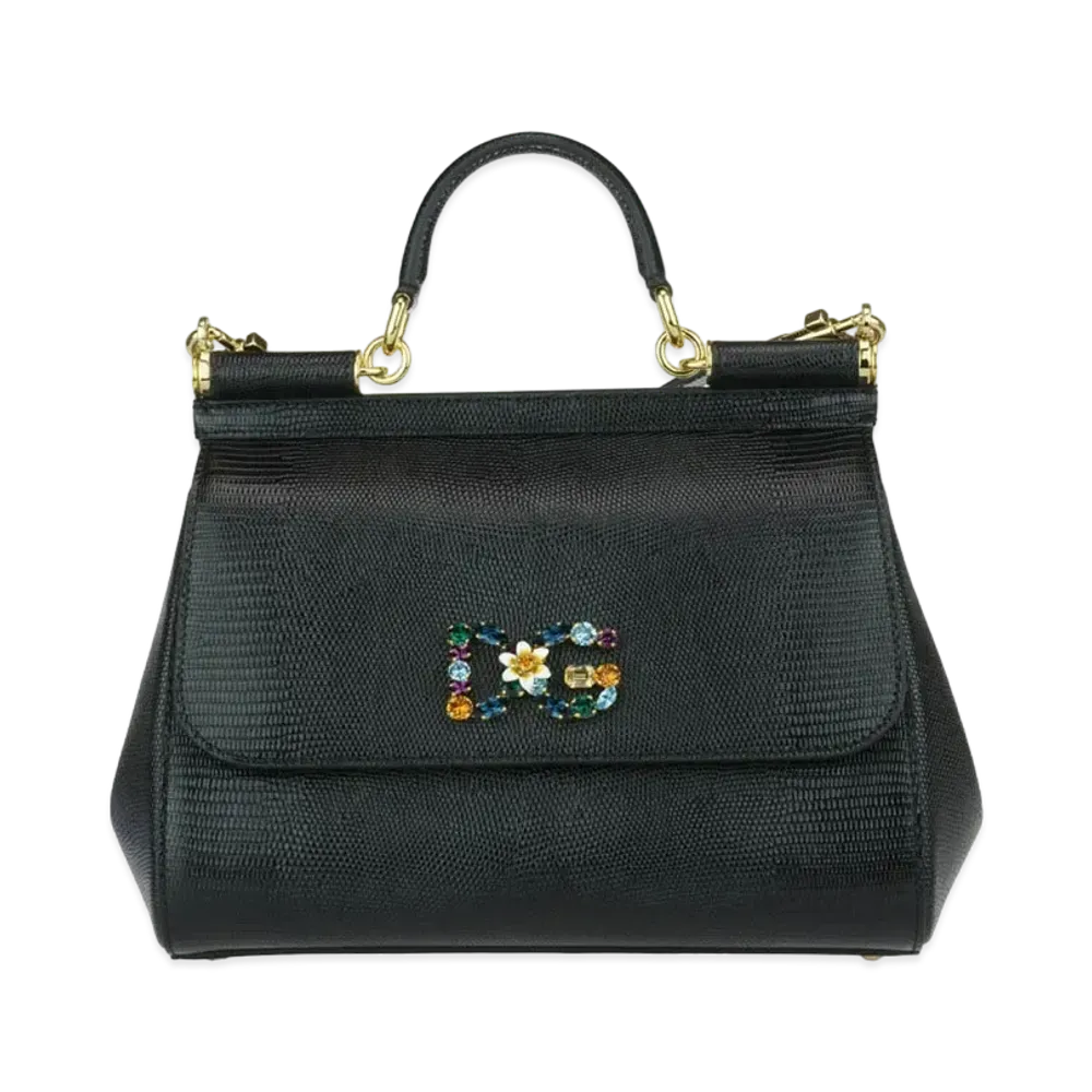 Dolce&Gabbana Sicily Bag Medium Calfskin Ig Anapropy Logo Patch DG Crystal "Black"
