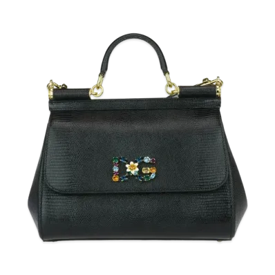 Dolce&Gabbana Sicily Bag Medium Calfskin Ig Anapropy Logo Patch DG Crystal "Black"