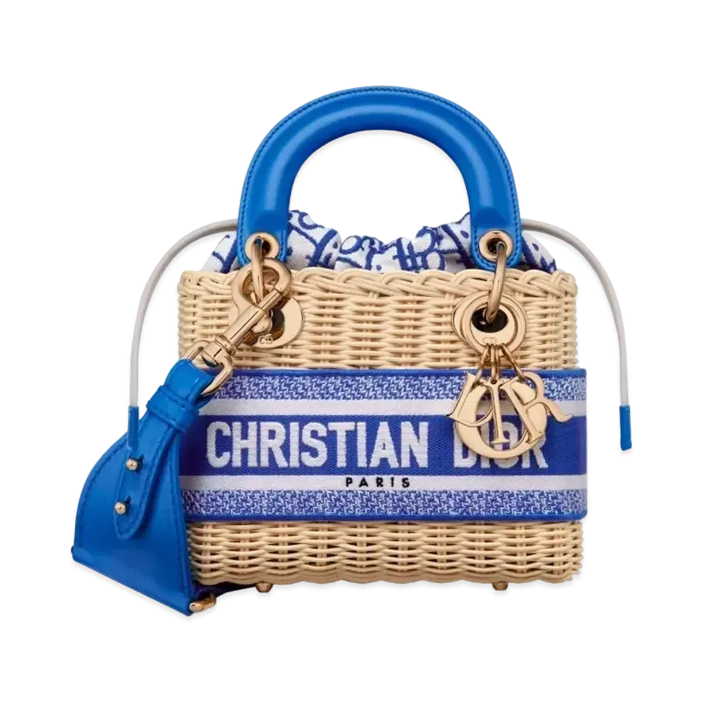 Dior Mini Lady Bag Natural Wicker Dior Oblique Jacquard "Fluorescent Blue"