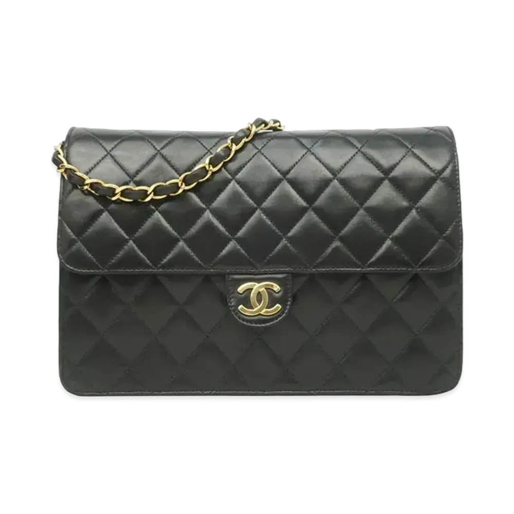 CHANEL Matelasse Single Flap Push Lock Chain Bag Lambskin "Black/Gold"