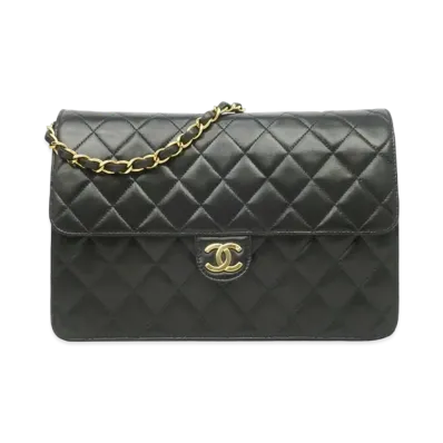 CHANEL Matelasse Single Flap Push Lock Chain Bag Lambskin "Black/Gold"