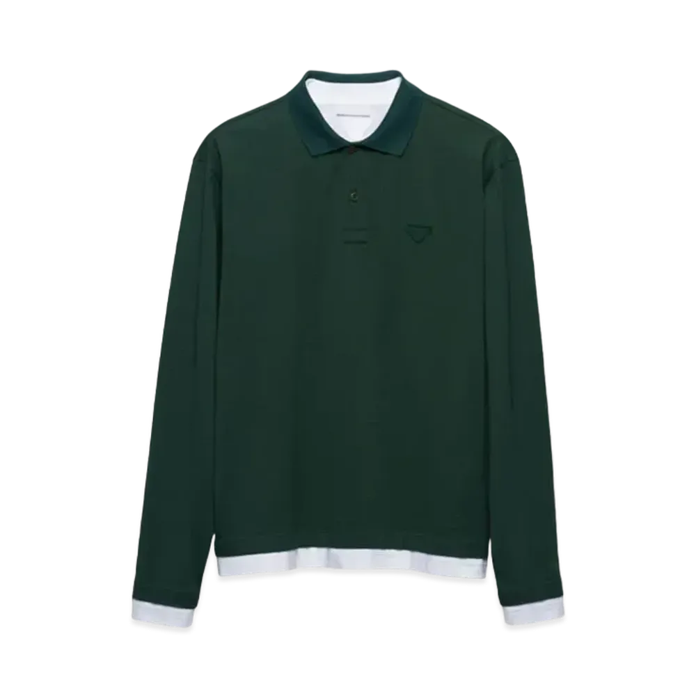 PRADA Men's Long-Sleeved Cotton Polo Shirt "Dark Green"