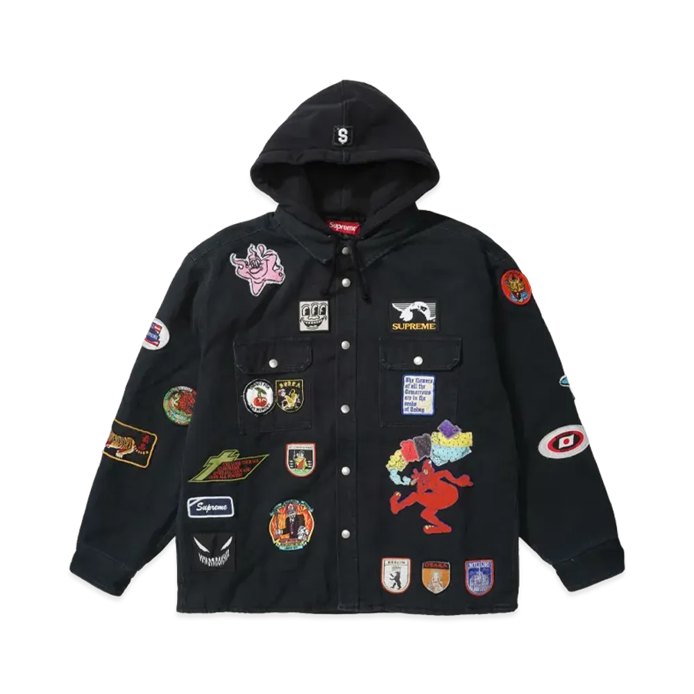 Supreme Patches Hooded Zip Up Shirt "Black"