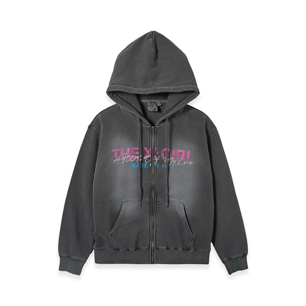 X-Girl Women's Faded Logo Print Zip Up Sweat Hoodie "Black"