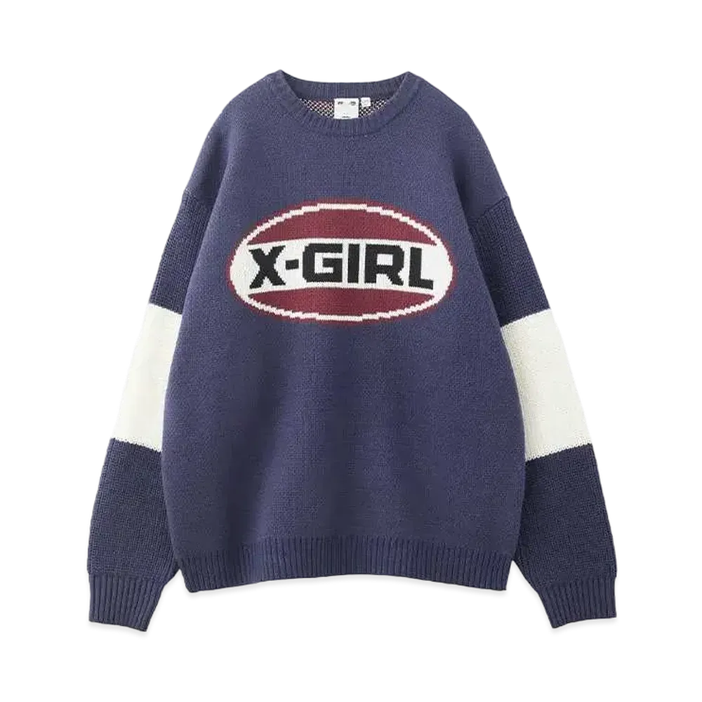 X-Girl Bicolor Oval Logo Jacquard Knit Top "Navy"