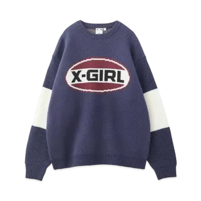 X-Girl Bicolor Oval Logo Jacquard Knit Top "Navy"