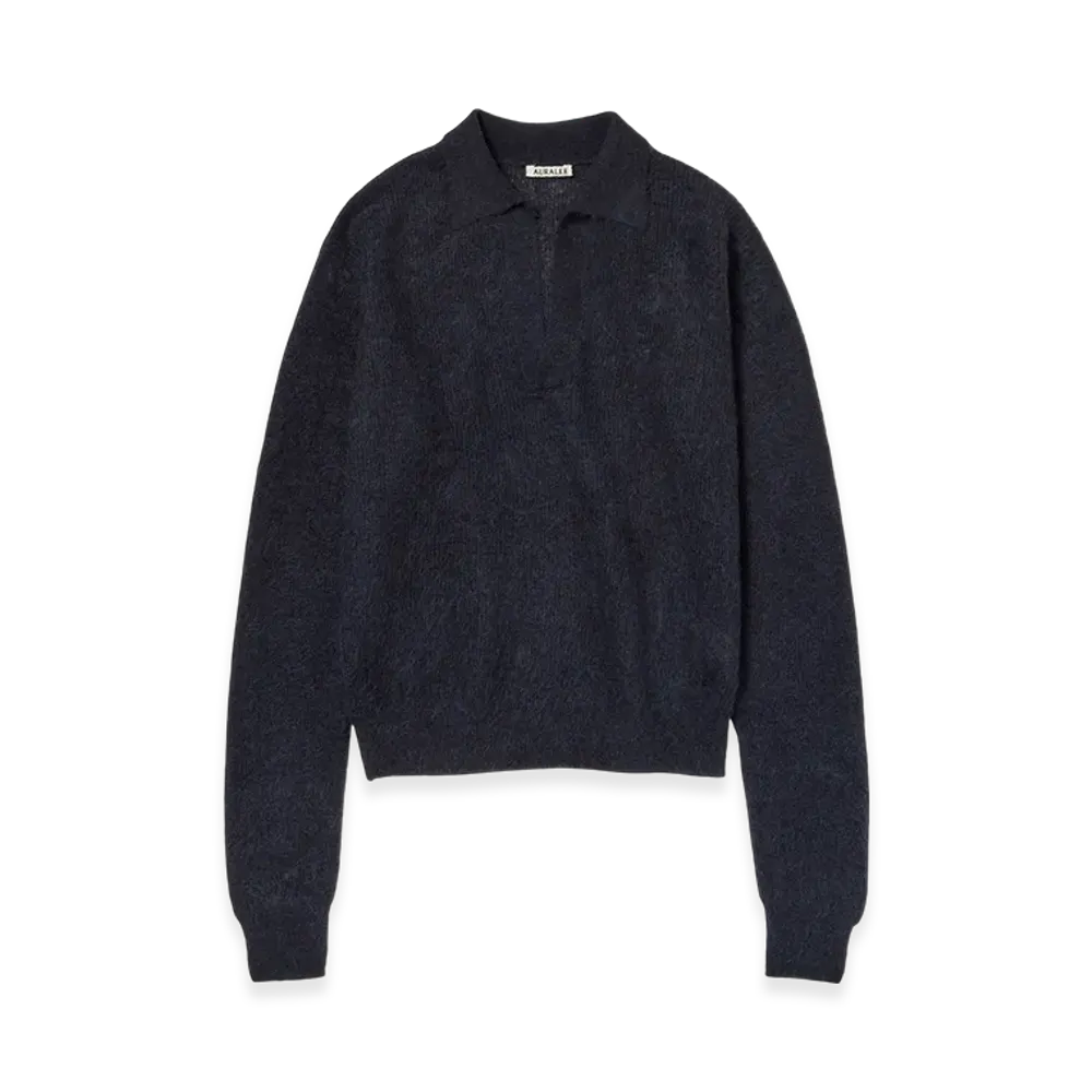 AURALEE Baby Suri Alpaca Sheer Knit Skipper Polo "Navy"