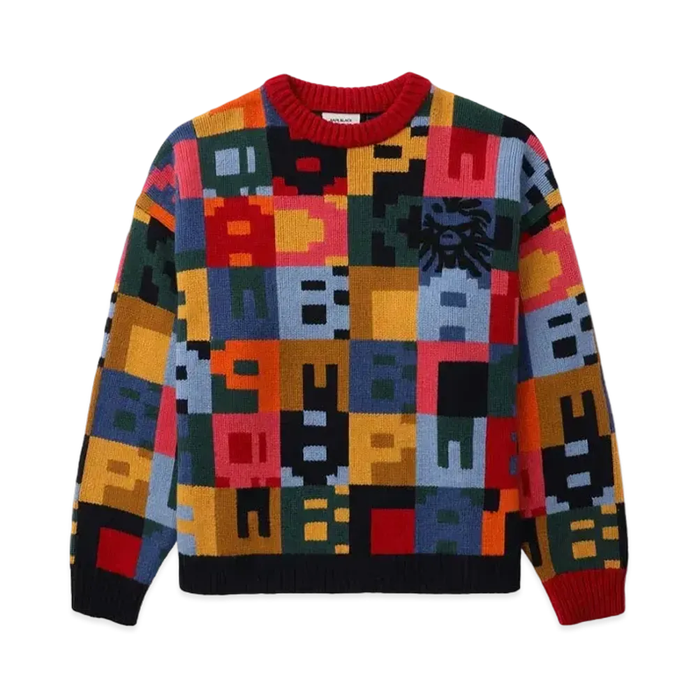A BATHING APE Bape Black Color Patchwork Jacquard Knit Sweater "Multi"