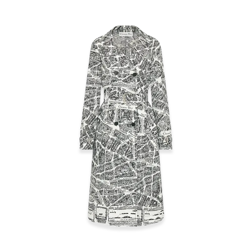 Dior Women's Trench Coat Technical Taffeta Plan Paris Motif "White/Black"