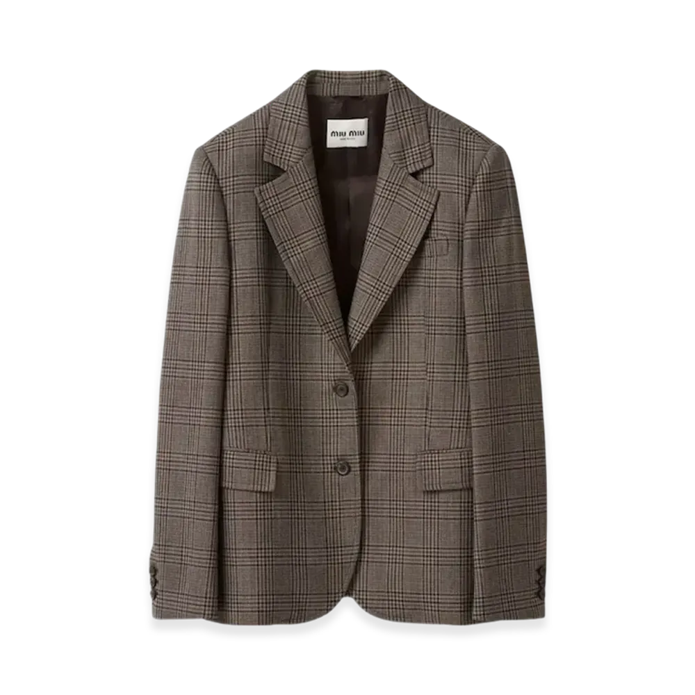 MIU MIU Women's Single Breasted Prince of Wales Check Jacket "Bark Brown"