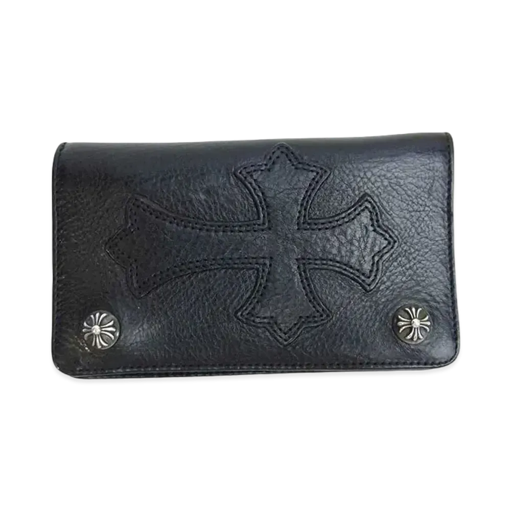 Chrome Hearts 1 Zip Cross Button Leather Wallet With Cross Patch "Black"