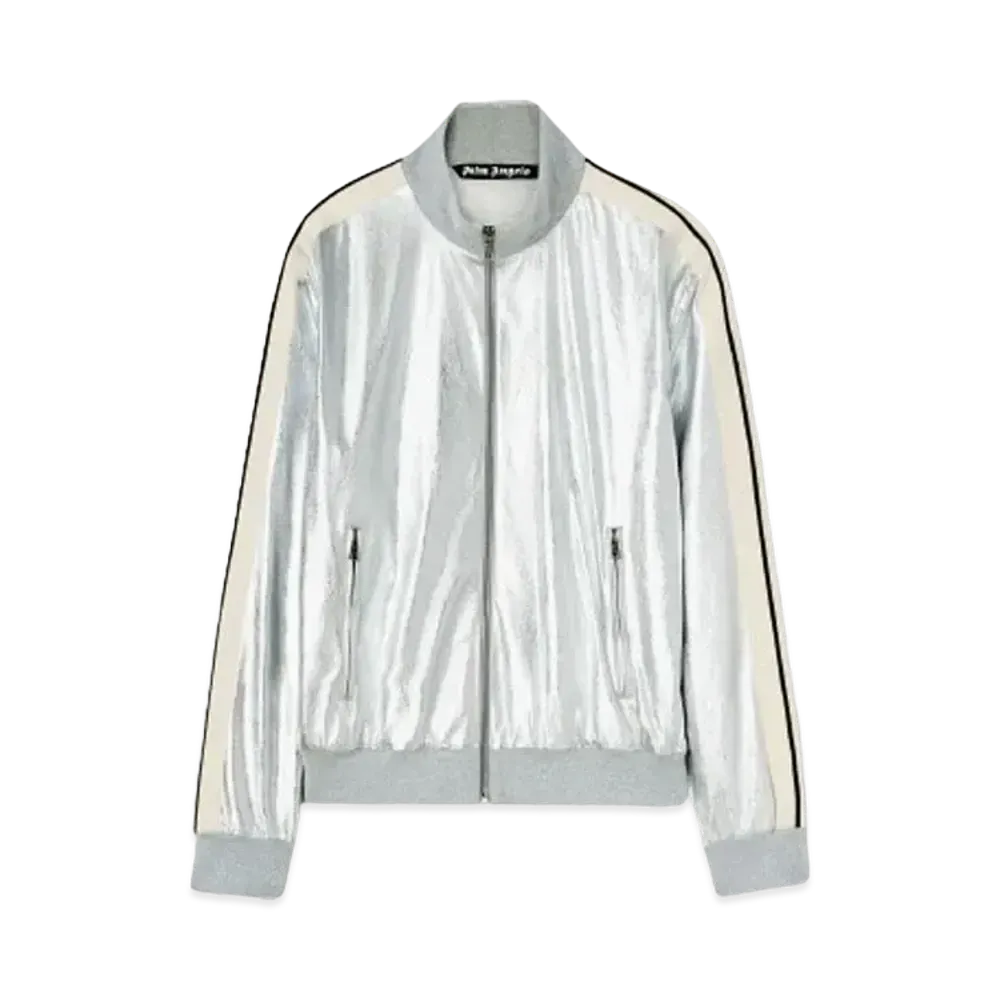 PALM ANGELS Laminated Leather Track Jacket "Silver/Off White"