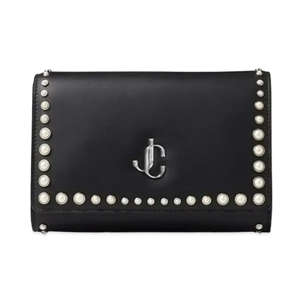 Jimmy Choo Varenne Clutch Calf Leather Clutch Bag With JC Logo And Pearl Studs "Black"