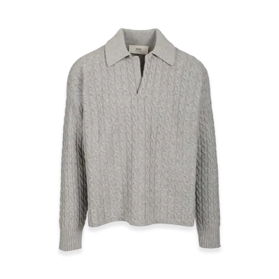 AMI PARIS Cable-Knit Polo Shirt "Gray"