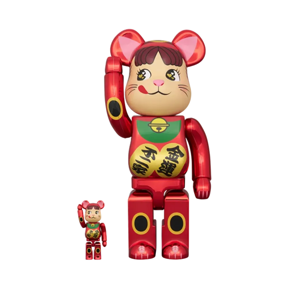 MEDICOM TOY "BEARBRICK" Beckoning Cat Peko-Chan Wealth Luck Double Oval Plum Gold Plated 100% & 400%