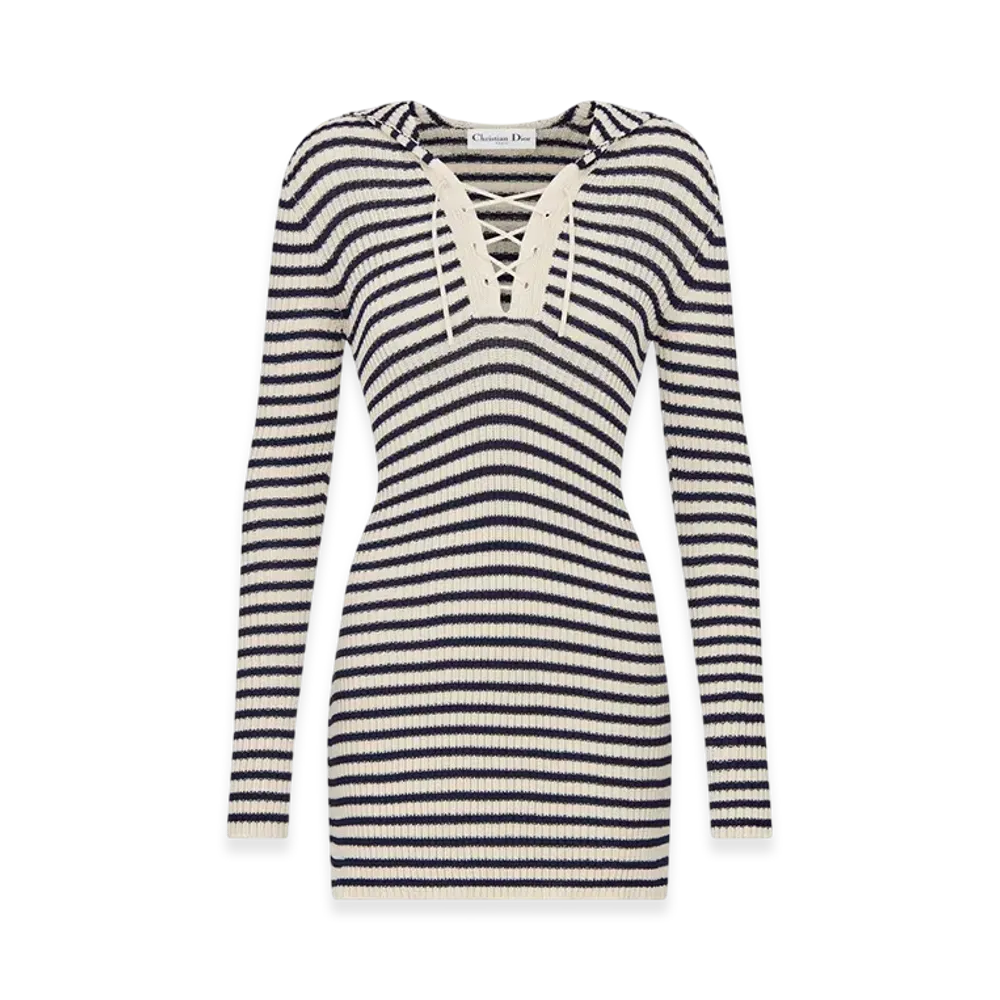 Dior Women's Cotton Ribbed Knit with Dior Mariniere Motif Dioriviera Straight Dress "White/Navy Blue"