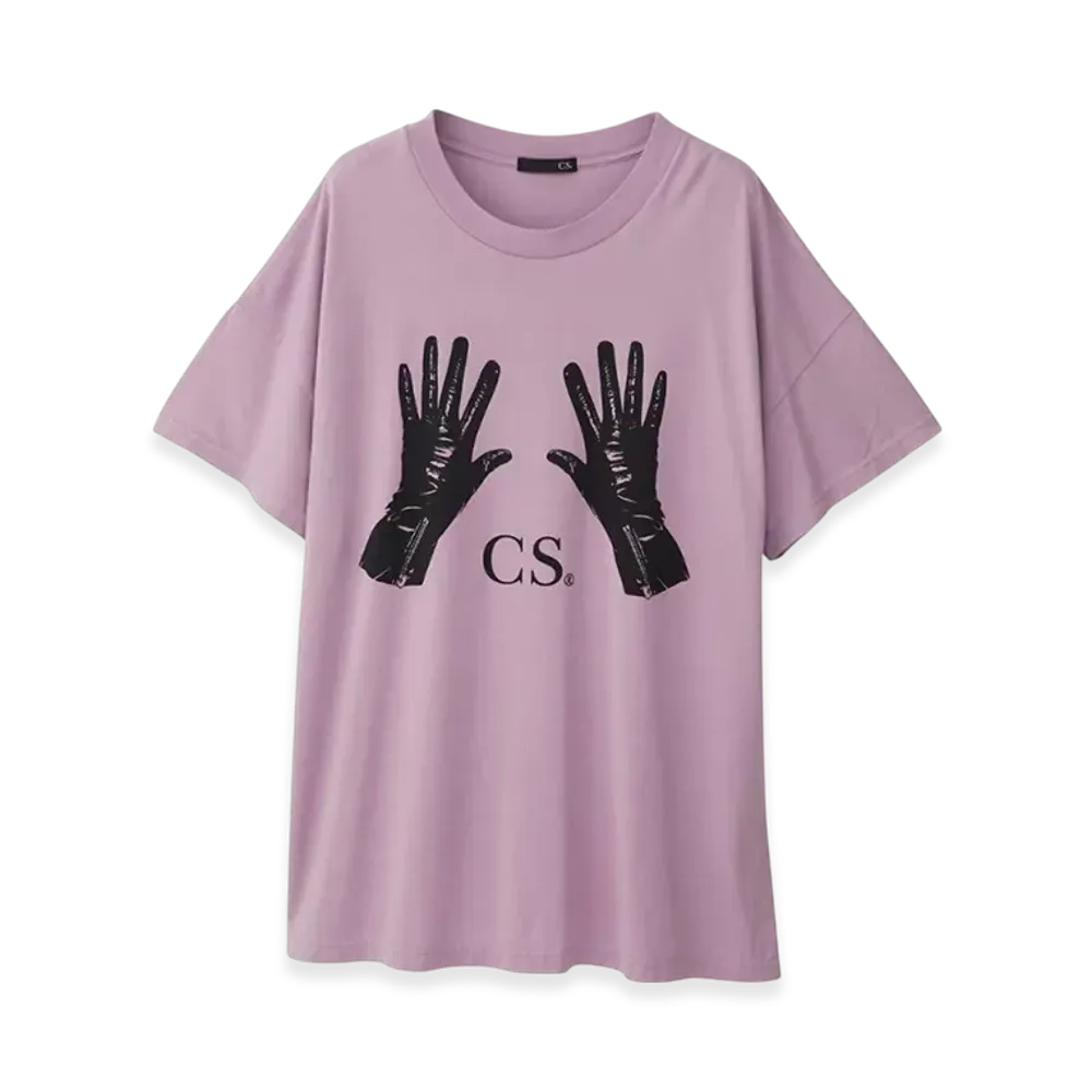HYSTERIC GLAMOUR Black Leather Gloves Oversized T-Shirt "Purple"