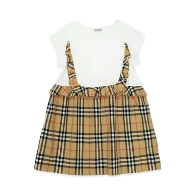 Burberry Kids Check Trim Stretch Cotton Dress "White/Beige"