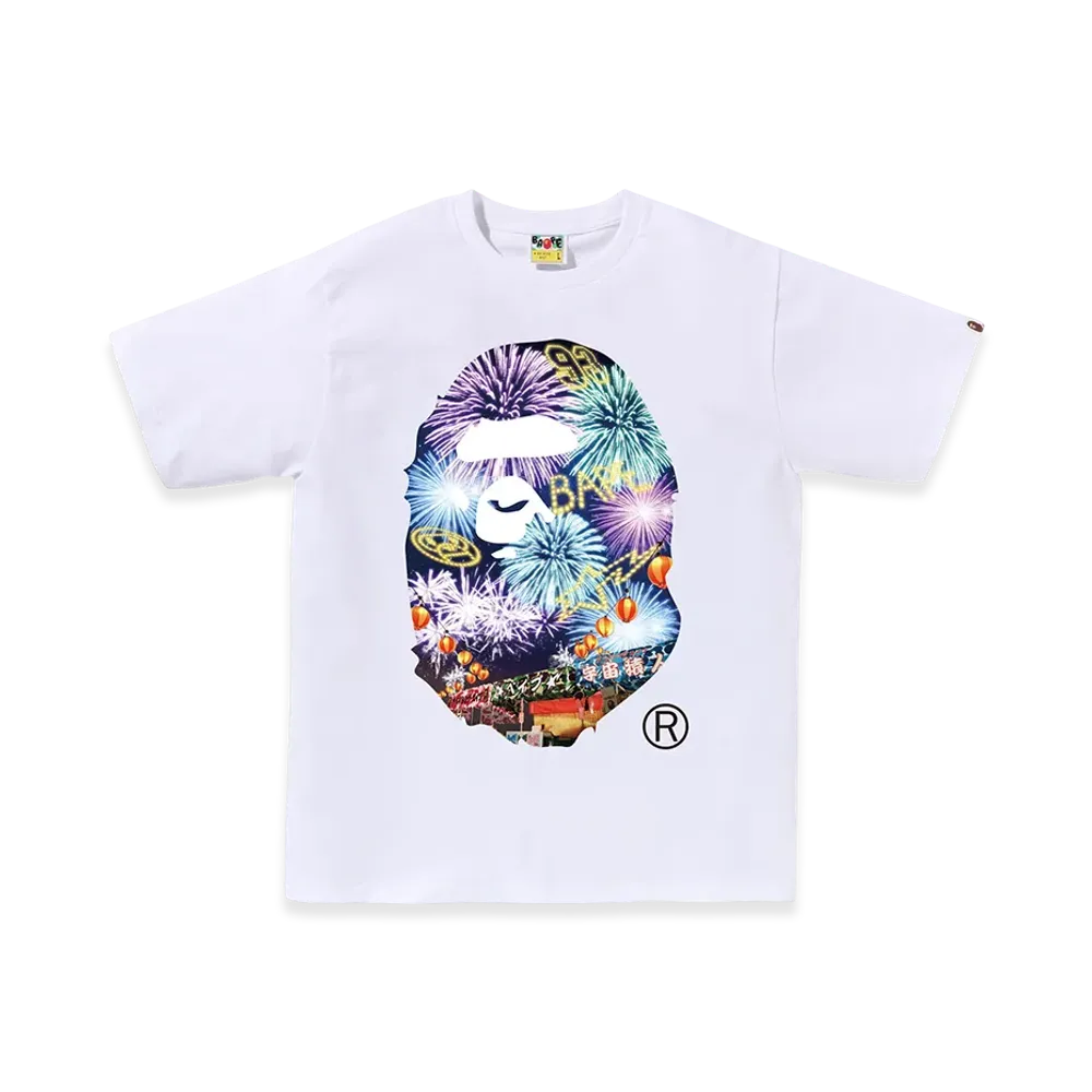 A BATHING APE Firework Ape Head Photo Tee "White"