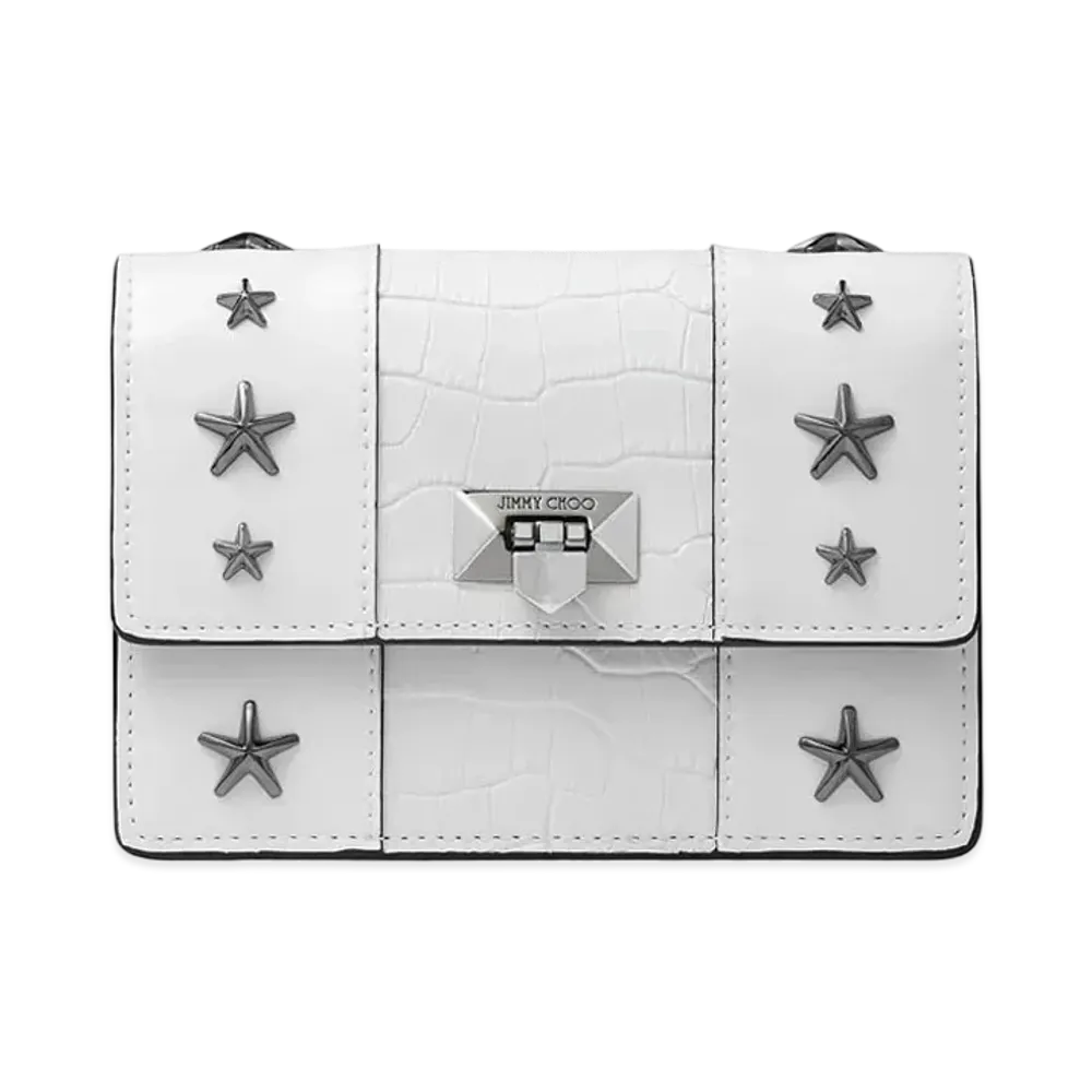 Jimmy Choo Pyxis Clutch Mini Synthetic Leather And Shiny Croc-Embossed Clutch Bag With Metal Buckle "Latte"