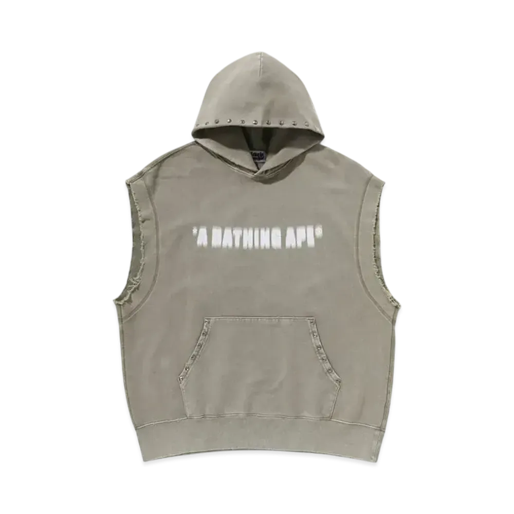 A BATHING APE Studded Garment Dye Logo Sleeveless Pullover Hoodie "Olivedrab"