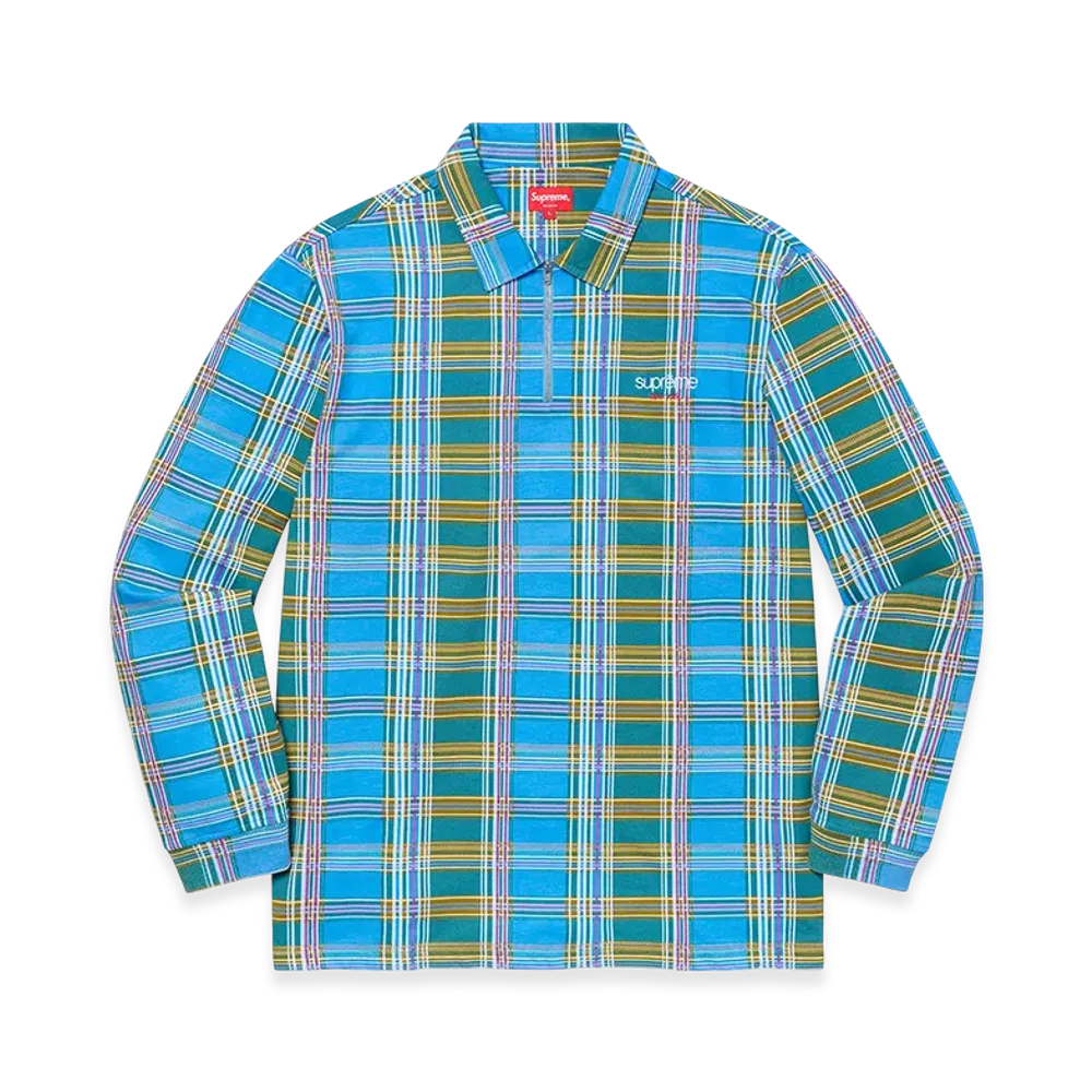 Supreme Plaid Zip Up L/S Polo "Blue"