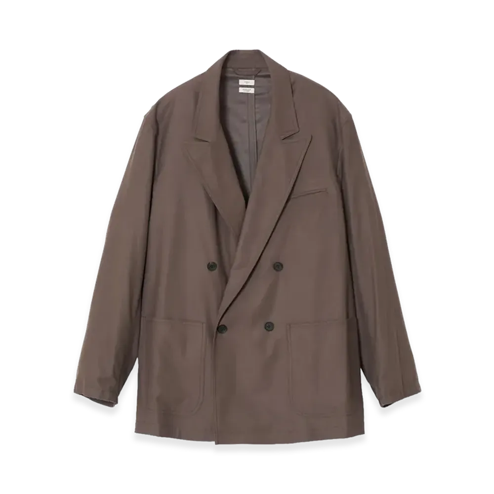 YOKE Rayon Polyester Brushed Twill Relaxed Double-Breasted Blazer "Greige"