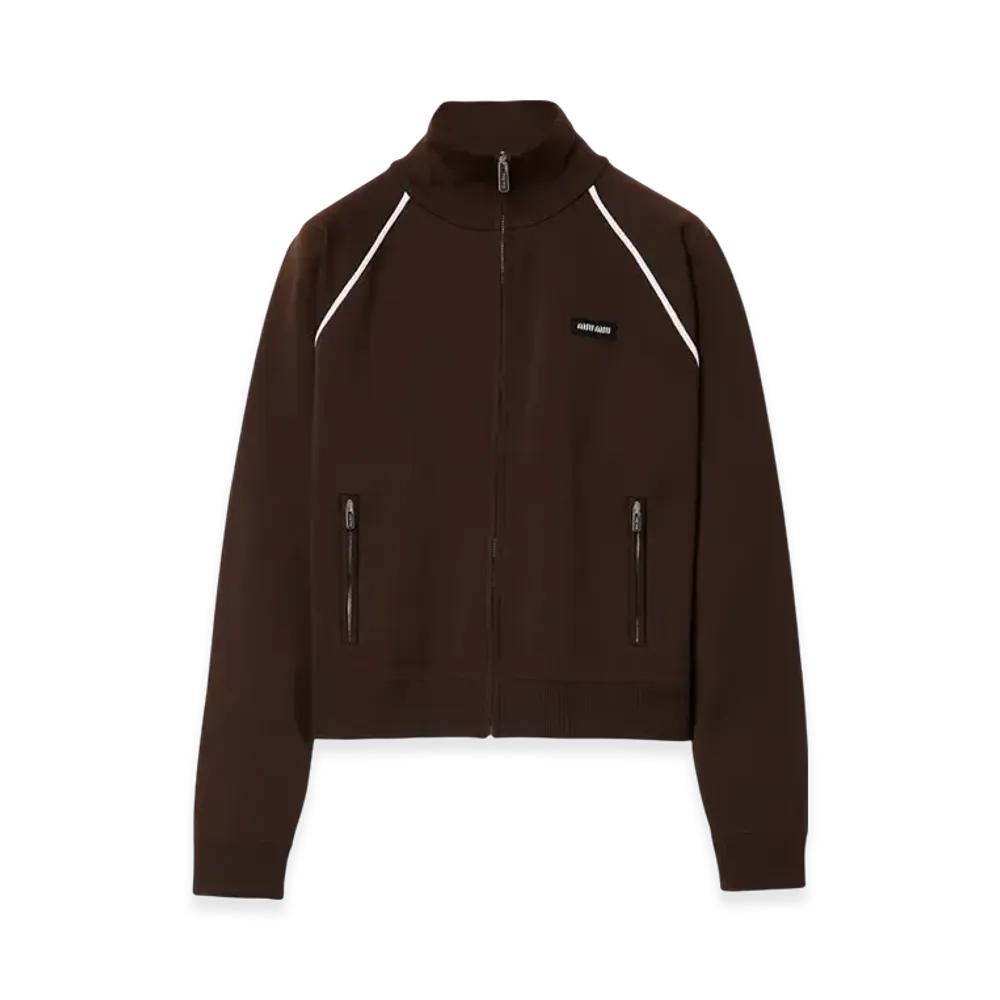 MIU MIU Women's Technical Yarn Zip Cardigan "Dark Brown/White"